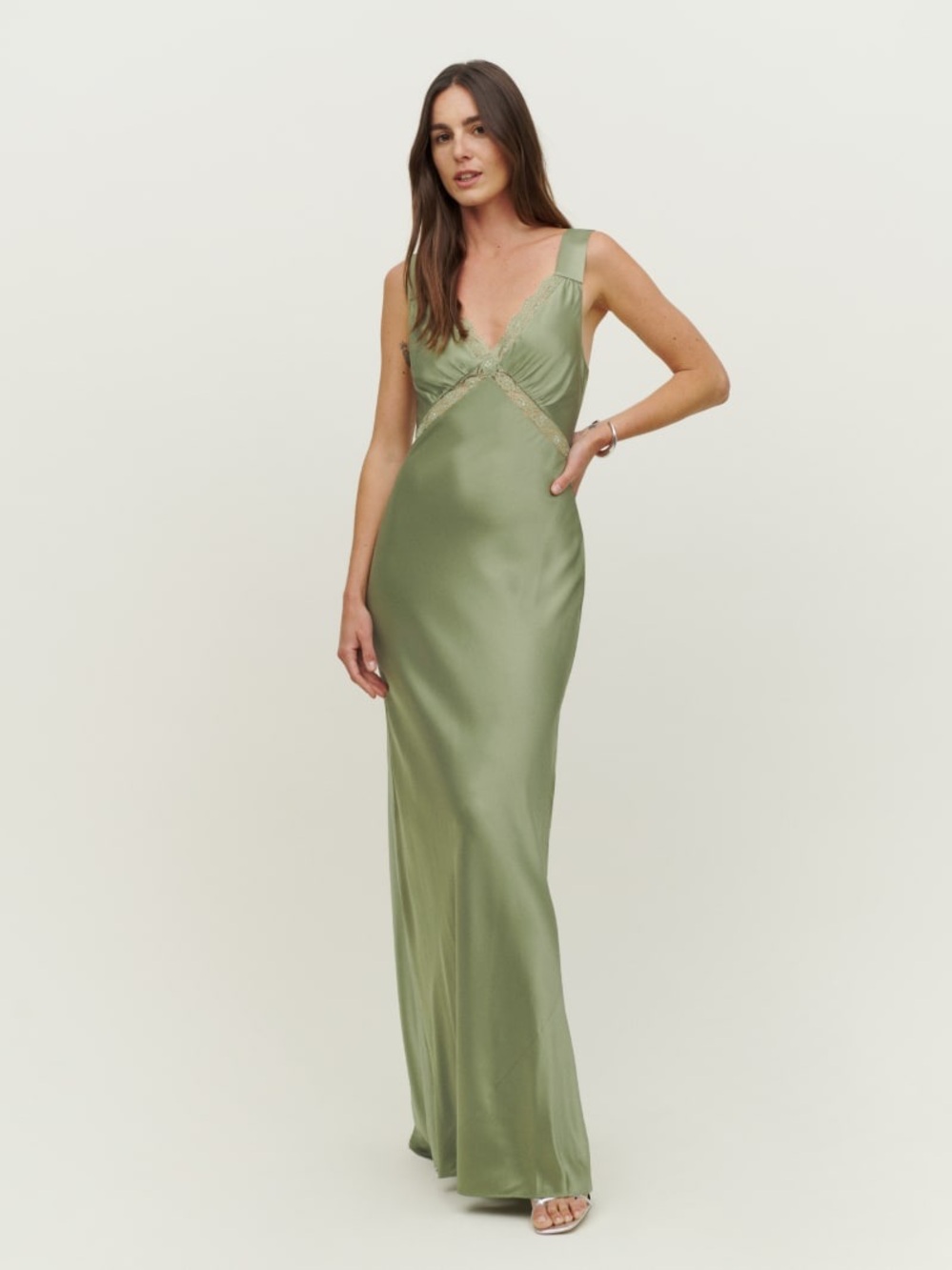 Reformation Olive Satin Lace-Trim Wedding Guest Dress - Picture 2 of 4